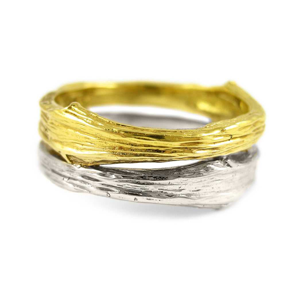 Gents medium double-band Twig ring in 18k yellow and white gold
