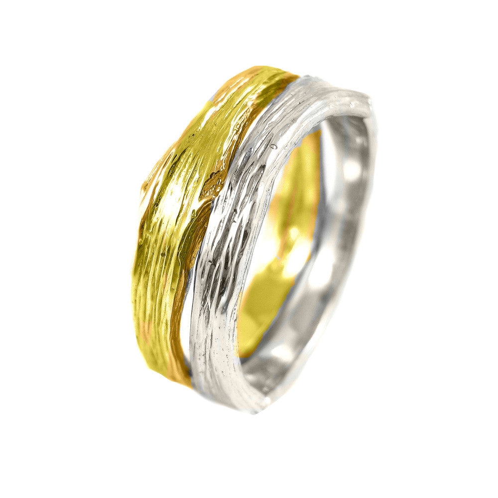 Gents medium double-band Twig ring in 18k yellow and white gold