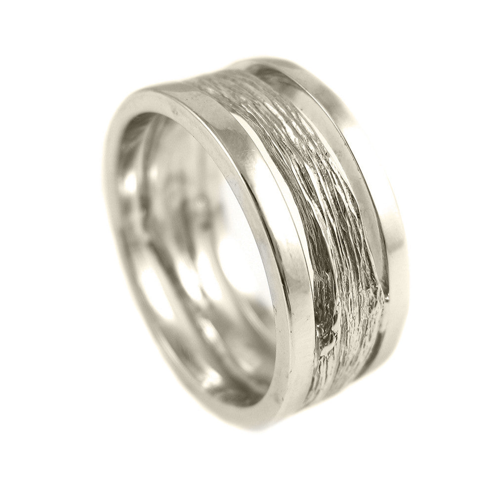 Gents medium Twig ring with pipe-cut, brushed outer bands in 18k white gold.